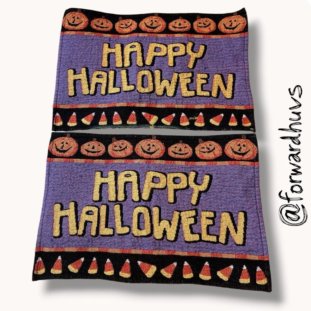 Happy Halloween Woven Tapestry Placemats Set of 2 Jack O Lantern Candy Corn
